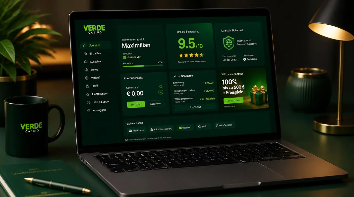 Casino-Bewertung mit 9,5 von 10, Lizenzhinweis und sicherer Kassenseite auf einem Laptop