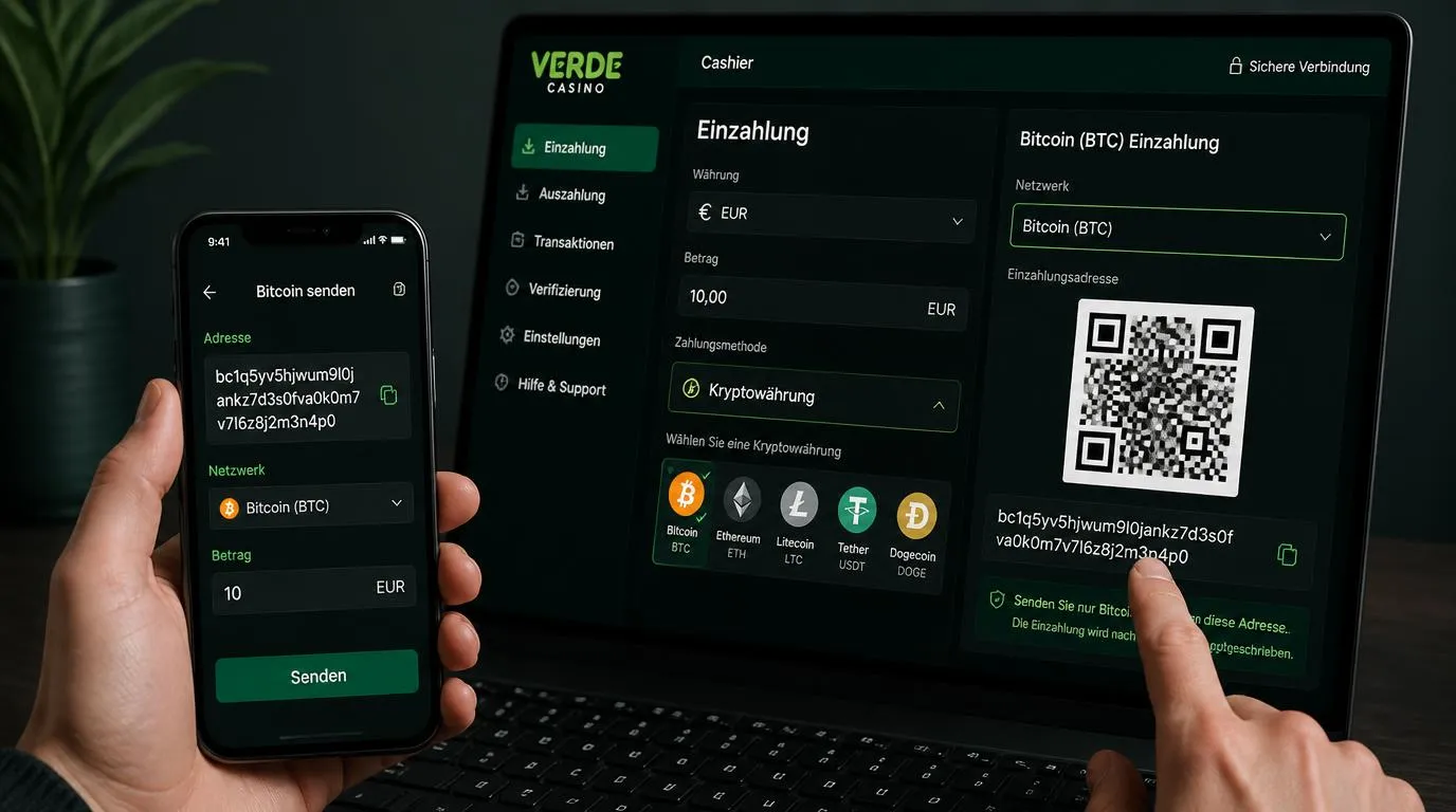 Krypto-Wallet mit überprüfter Empfangsadresse und ausgewähltem Blockchain-Netzwerk vor der Einzahlung