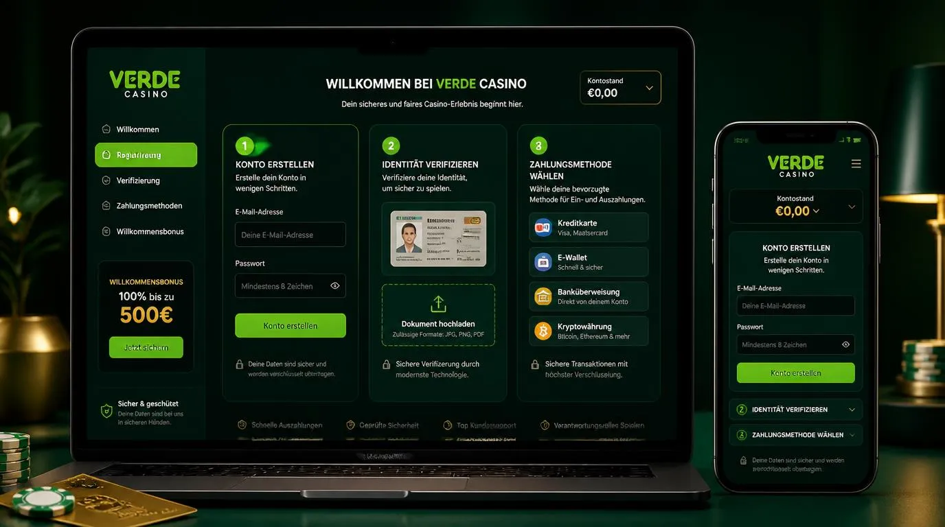 Kontoerstellung und erste Einzahlung in einer Casino-App mit Ausweisprüfung und Zahlungsoptionen