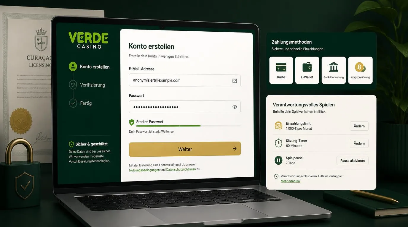 Registrierungsmaske eines Online-Casinos mit Passwortschutz, Zahlungsarten und Einstellungen für Spiellimits