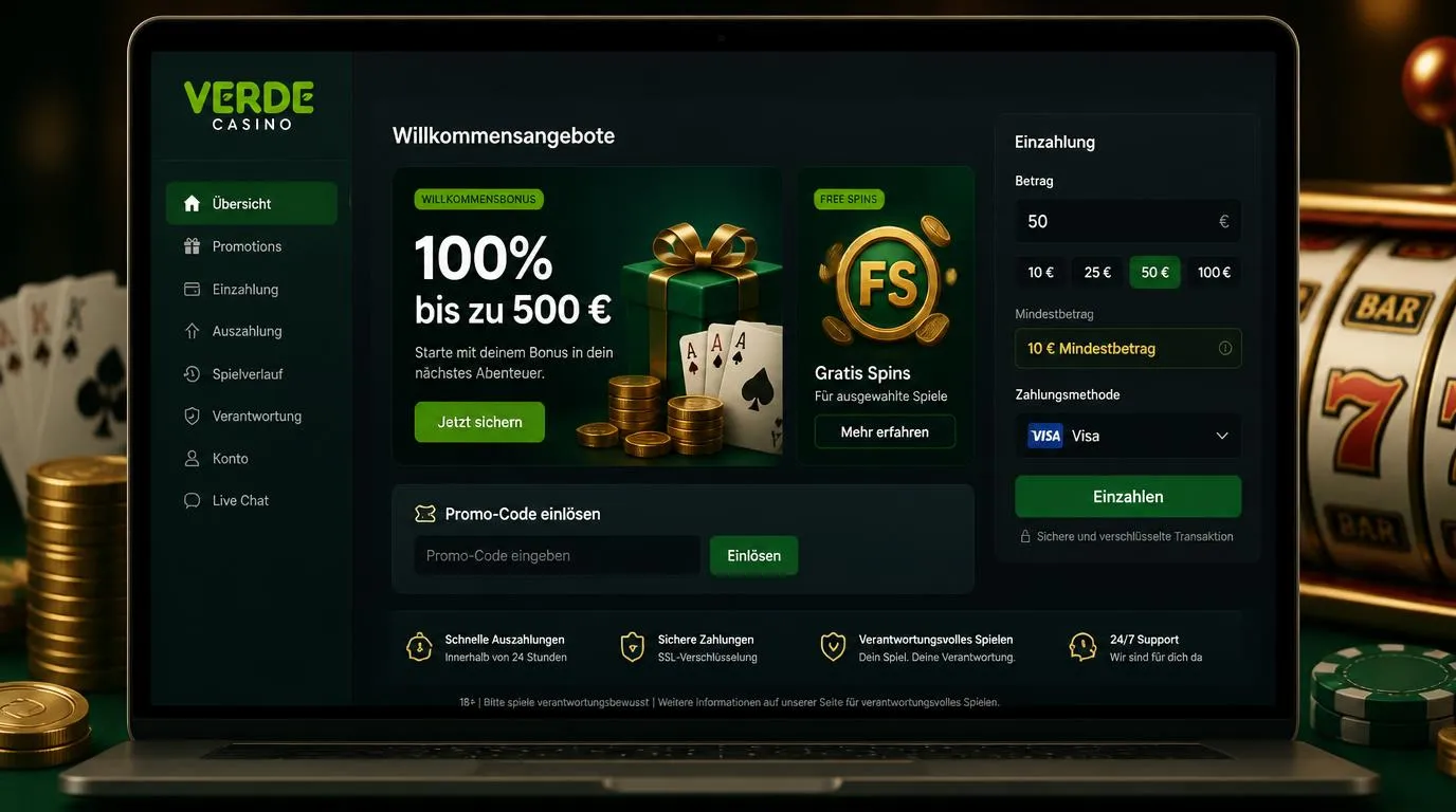 Casino-Bonusbereich mit Willkommensangebot, Freispiele-Symbolen und Eingabefeld für einen Aktionscode
