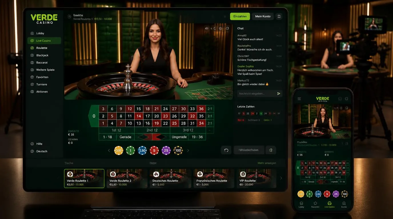 Live-Casino-Tisch mit Dealer, Roulettekessel, Chatfenster und Einsatzhistorie auf deutscher Benutzeroberfläche