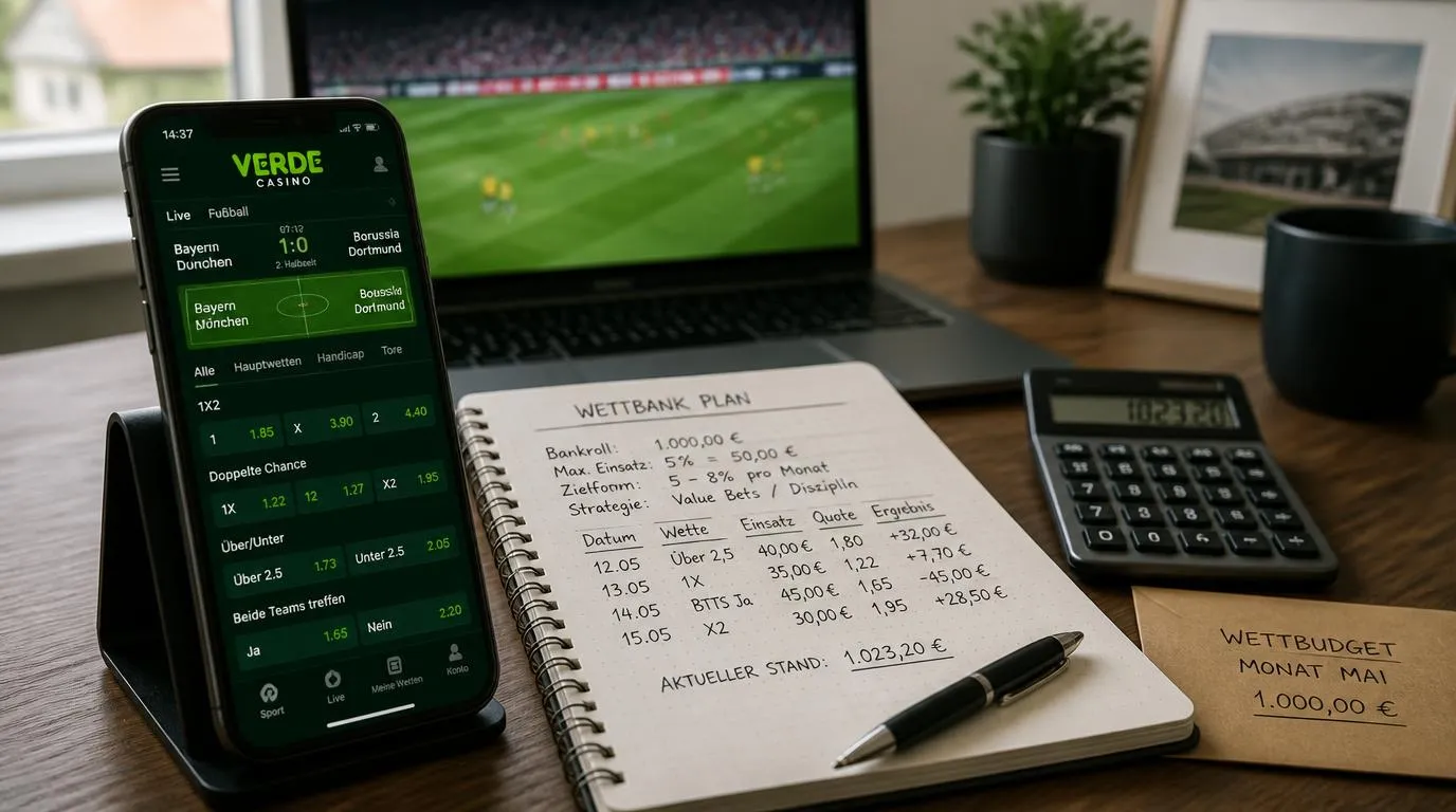 Sportwetten-Notizbuch mit Einsatzplan, Quotenanalyse und festem Budget in Euro