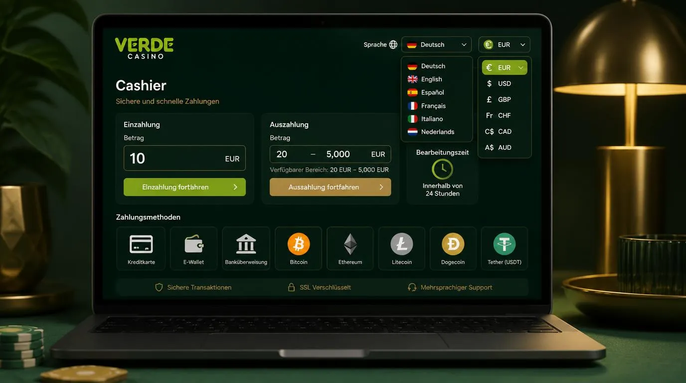 Casino-Kasse mit Wallets, Karten, Kryptowährungen sowie Auswahl für Sprache und Kontowährung