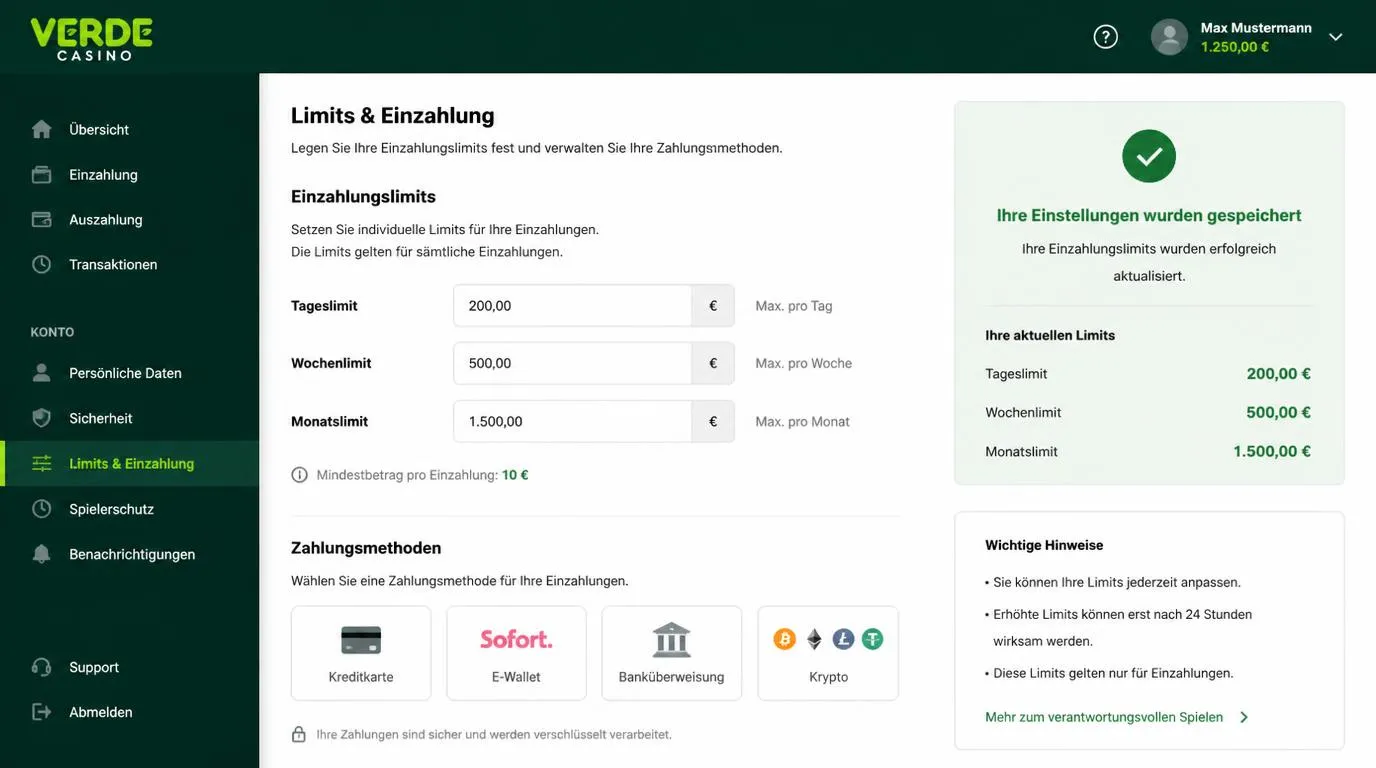 Casino-Kontoseite mit Tages-, Wochen- und Monatslimit sowie sichtbarer Mindesteinzahlung von 10 Euro