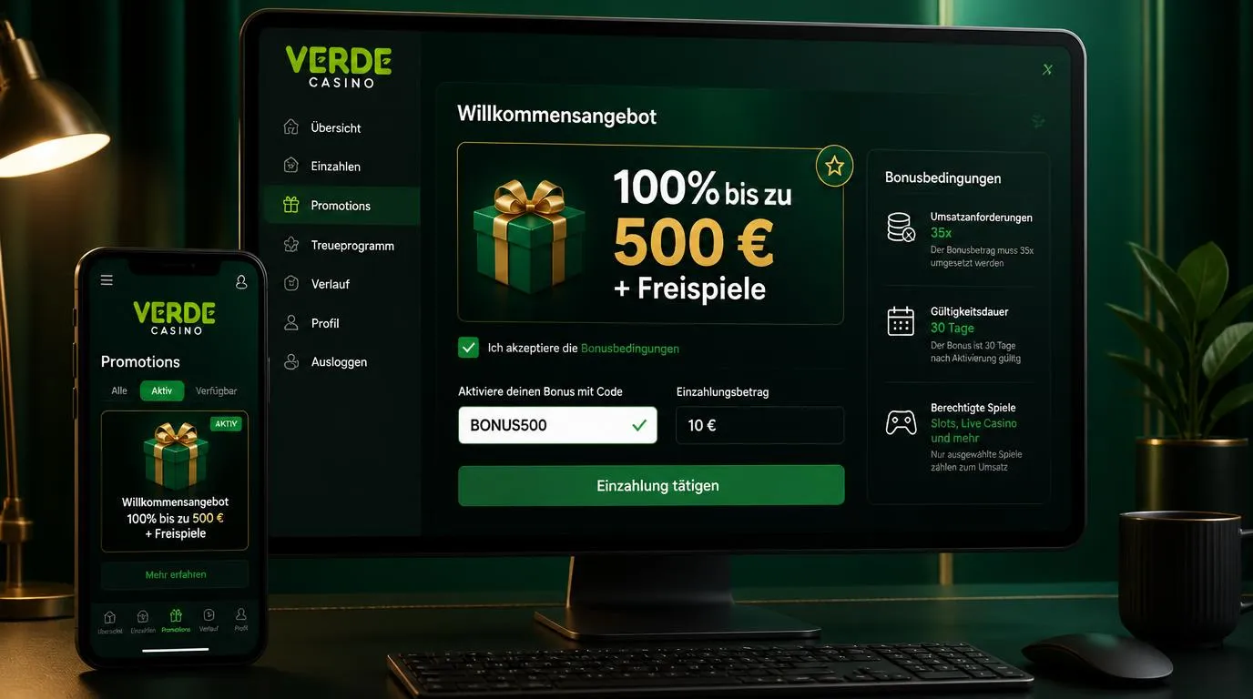 Casino-Aktionsbereich mit ausgewähltem Willkommensbonus und Eingabefeld für die Mindesteinzahlung